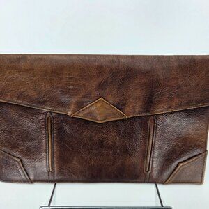 Vintage 70s Distressed Brown Leather Envelope Portfolio Clutch Geometric Bag